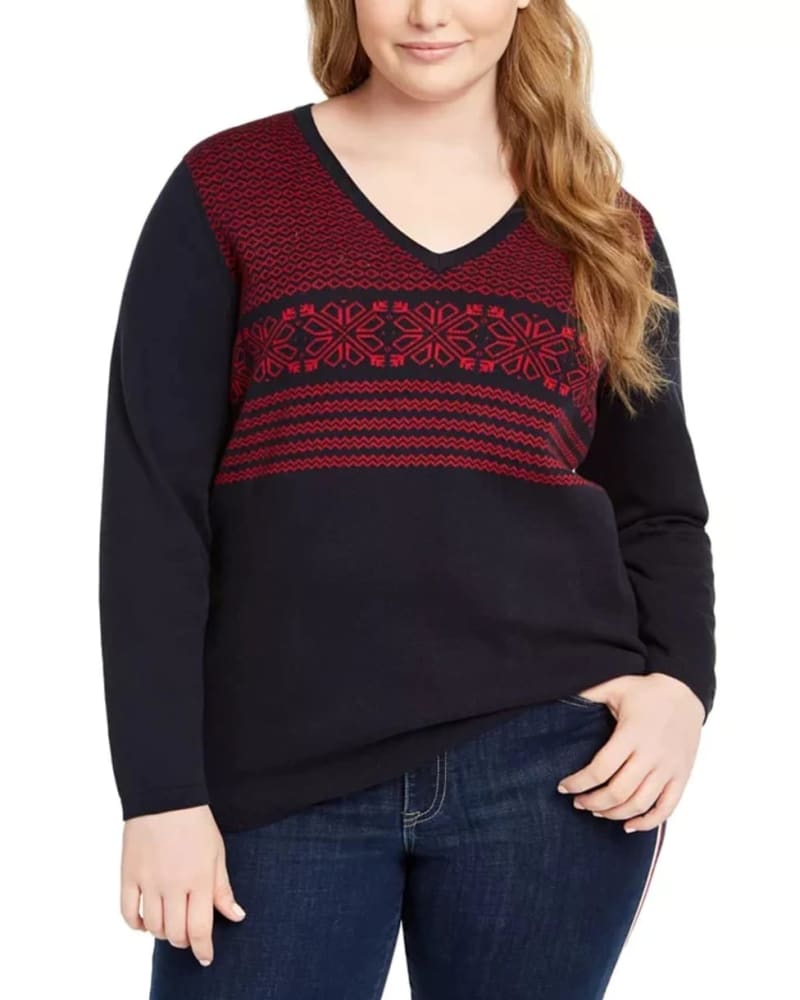 Front of a model wearing a size 0X Tommy Hilfiger Women's Plus Size Cotton Ivy Fair Isle Sweater Blue Size 0X in Blue by Tommy Hilfiger. | dia_product_style_image_id:314430
